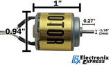 DC Motor for Solar Panel with 3 Foot Clip-on Wire Leads, 1V / 400mA Output, 2mm Diameter Shaft