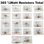 365 Piece Resistor Kit 1/4 Watt in Compartmentalized Cardboard Storage Box - Wide Variety of Values