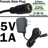 5 Volt DC, 1 Amp Power Adapter with FEMALE 5.5mm x 2.1mm Plug, Center Positive