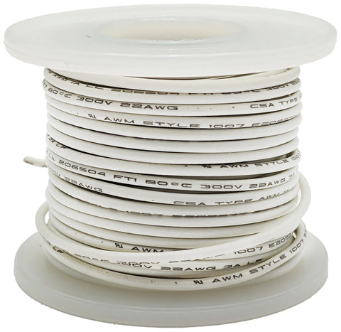 25 Feet White 22 Gauge Stranded Hook-Up Wire, Tinned Copper, PVC Insulation (Shade May Vary), 300 Volts