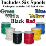 Solid 22 Gauge Hook Up Wire Kit - Includes 6 Different Color 100 Foot Spools, Tinned Copper, PVC Insulated