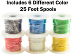 Stranded 22 Gauge Hook Up Wire Kit - Includes 6 Different Color 25 Foot Spools, Tinned Copper, PVC Insulated